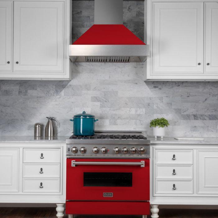ZLINE Appliance Package - 36" Dual Fuel Range in DuraSnow® with Red Matte Door & 36" Range Hood - 2KP-RASRMRH36