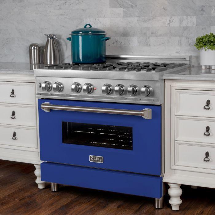 ZLINE Appliance Package - 36" Dual Fuel Range with Blue Matte Door & 36" Range Hood - 2KP-RASBMRH36