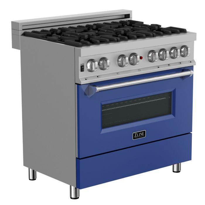 ZLINE Appliance Package - 36" Dual Fuel Range with Blue Matte Door & 36" Range Hood - 2KP-RASBMRH36