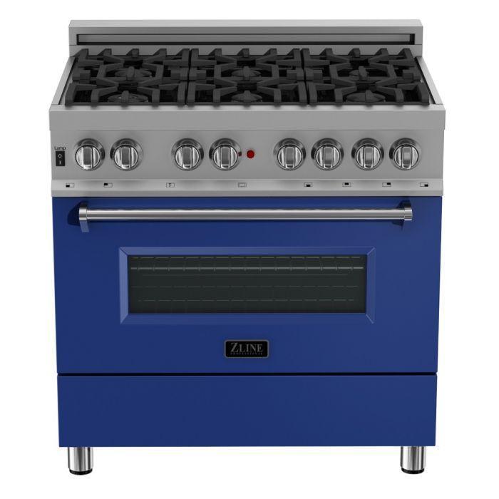 ZLINE Appliance Package - 36" Dual Fuel Range with Blue Matte Door & 36" Range Hood - 2KP-RASBMRH36
