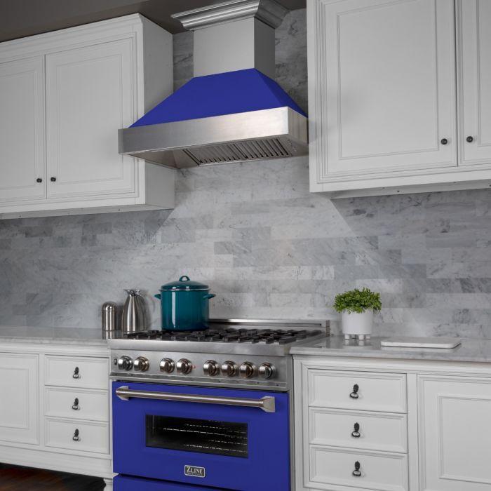 ZLINE Appliance Package - 36" Dual Fuel Range with Blue Matte Door & 36" Range Hood - 2KP-RASBMRH36