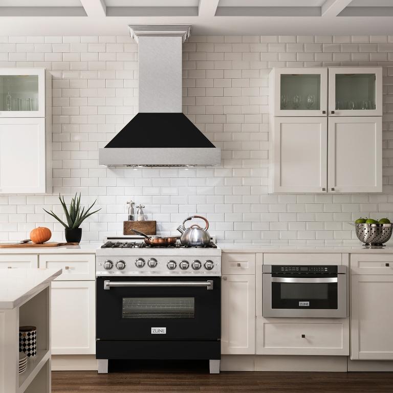 ZLINE Appliance Package - 36" Professional Gas Range in DuraSnow® with Black Matte Door & 36" Range Hood - 2KP-RGSBLMRH36