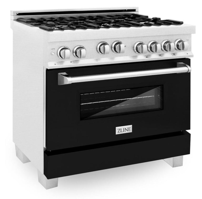 ZLINE Appliance Package - 36" Professional Gas Range in DuraSnow® with Black Matte Door & 36" Range Hood - 2KP-RGSBLMRH36