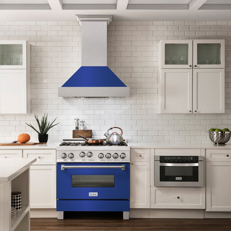 ZLINE Appliance Package - 36" Professional Gas Range in DuraSnow® with Blue Matte Door & 36" Range Hood - 2KP-RGSBMRH36