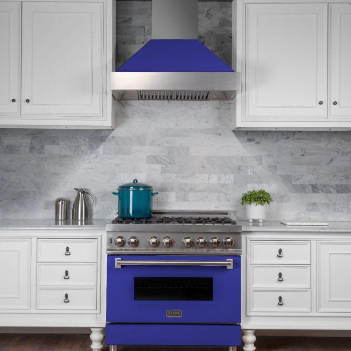 ZLINE Appliance Package - 36" Professional Gas Range in DuraSnow® with Blue Matte Door & 36" Range Hood - 2KP-RGSBMRH36