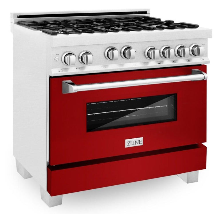 ZLINE Appliance Package - 36" Professional Gas Range in DuraSnow® with Red Gloss Door & 36" Range Hood - 2KP-RGSRGRH36