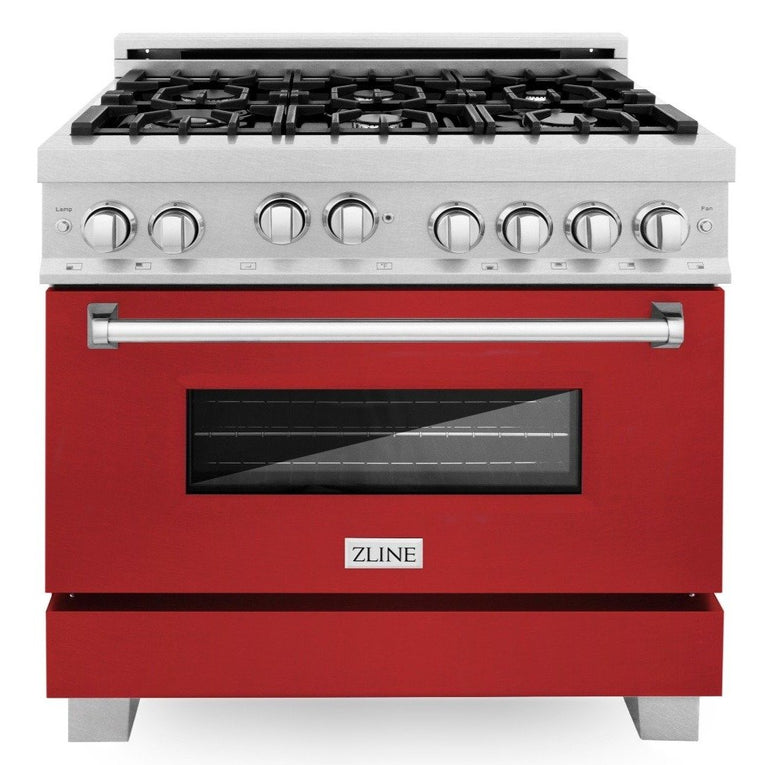 ZLINE Appliance Package - 36" Professional Gas Range in DuraSnow® with Red Matte Door & 36" Range Hood - 2KP-RGSRMRH36