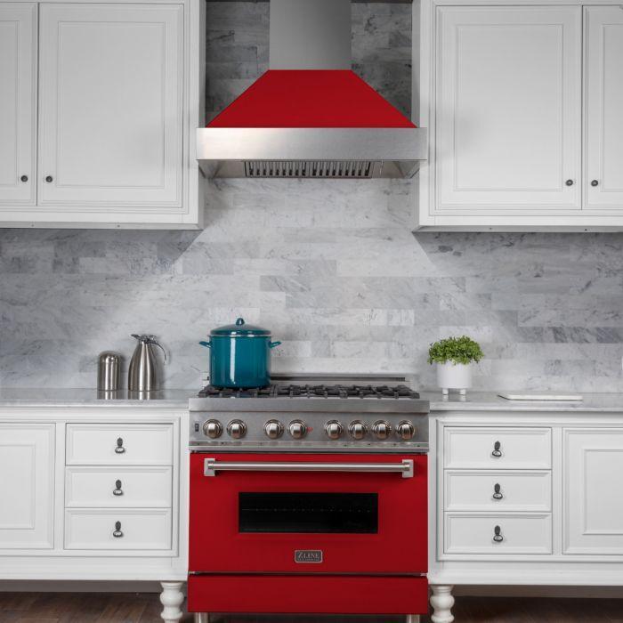 ZLINE Appliance Package - 36" Professional Gas Range in DuraSnow® with Red Matte Door & 36" Range Hood - 2KP-RGSRMRH36