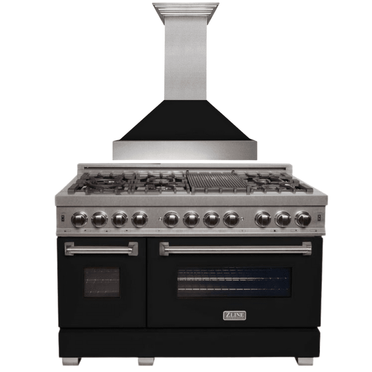 ZLINE Appliance Package - 48" Dual Fuel Range with Black Matte Door & 48" Range Hood