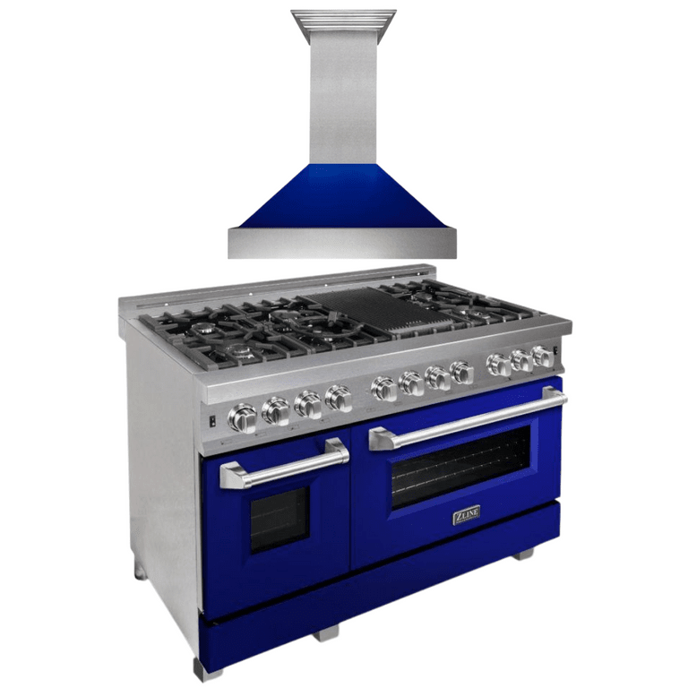 ZLINE Appliance Package - 48" Dual Fuel Range with Blue Gloss Door & 48" Range Hood