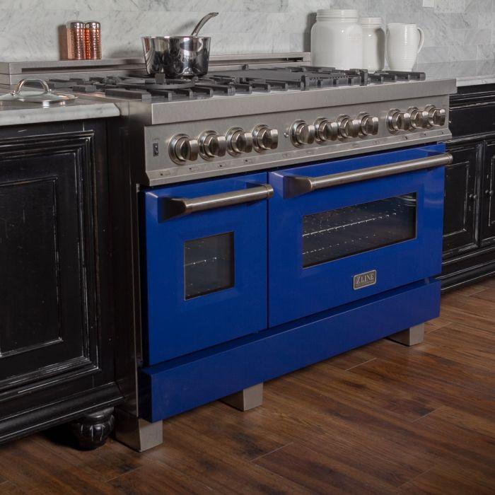 ZLINE Appliance Package - 48" Dual Fuel Range with Blue Gloss Door & 48" Range Hood - 2KP-RASBGRH48