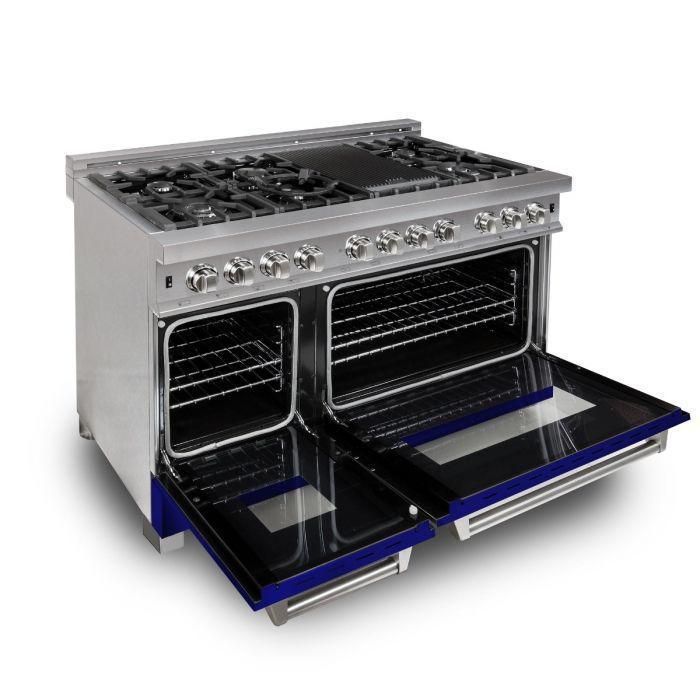 ZLINE Appliance Package - 48" Dual Fuel Range with Blue Gloss Door & 48" Range Hood - 2KP-RASBGRH48