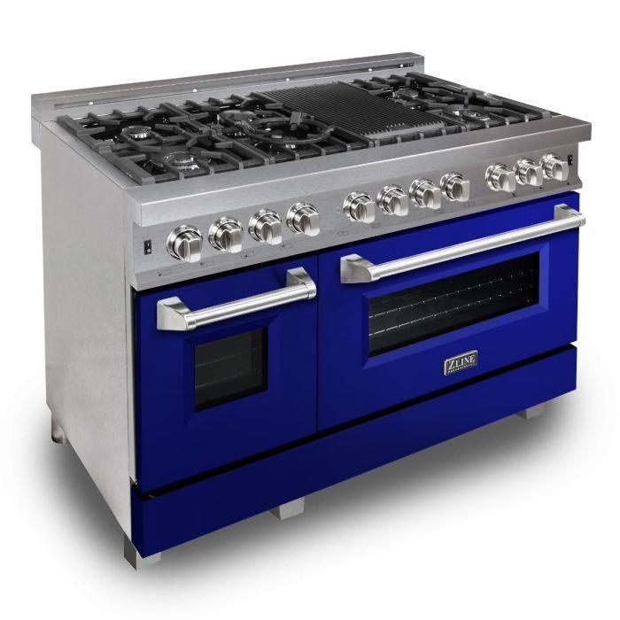 ZLINE Appliance Package - 48" Dual Fuel Range with Blue Gloss Door & 48" Range Hood - 2KP-RASBGRH48