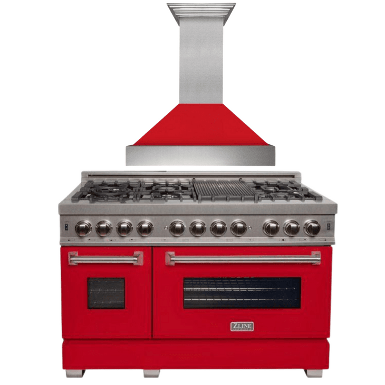 ZLINE Appliance Package - 48" Dual Fuel Range with Red Matte Door & 48" Range Hood