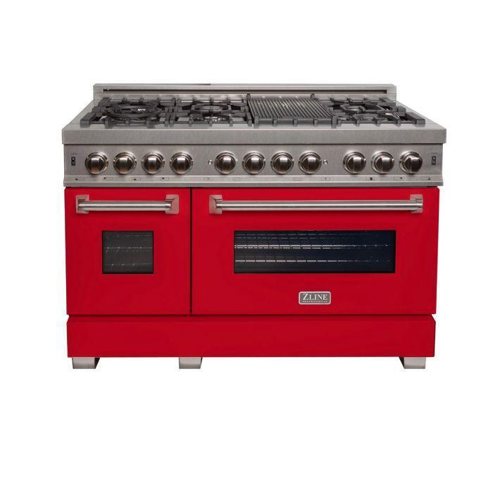 ZLINE Appliance Package - 48" Dual Fuel Range with Red Matte Door & 48" Range Hood - 2KP-RASRMRH48
