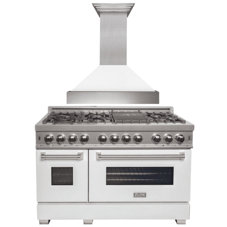 ZLINE Appliance Package - 48" Dual Fuel Range with White Matte Gloss Door & 48" Range Hood