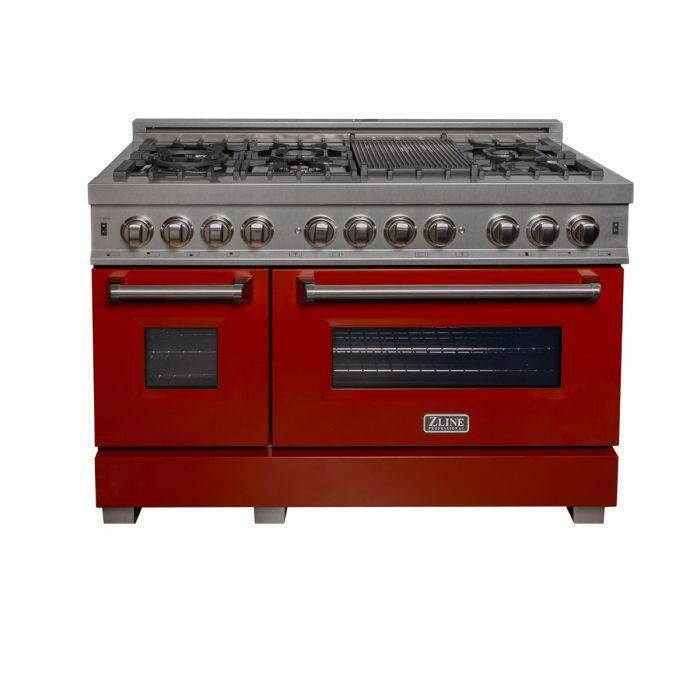 ZLINE Appliance Package - 48 in. Dual Fuel Range with Red Gloss Door & 48 in. Range Hood Package - 2KP-RASRGRH48