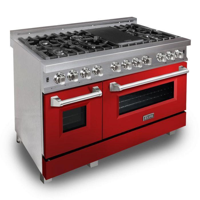ZLINE Appliance Package - 48 in. Dual Fuel Range with Red Gloss Door & 48 in. Range Hood Package - 2KP-RASRGRH48