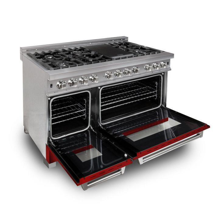 ZLINE Appliance Package - 48 in. Dual Fuel Range with Red Gloss Door & 48 in. Range Hood Package - 2KP-RASRGRH48
