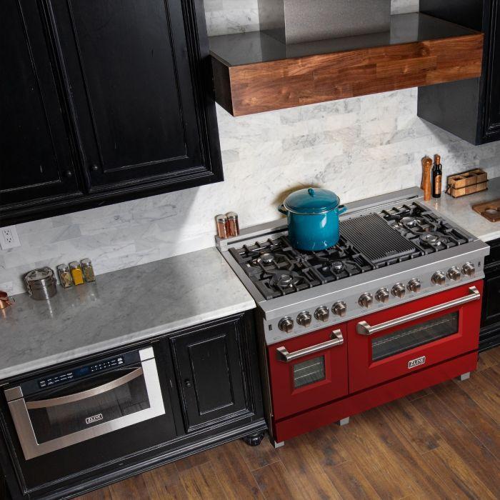 ZLINE Appliance Package - 48 in. Dual Fuel Range with Red Gloss Door & 48 in. Range Hood Package - 2KP-RASRGRH48