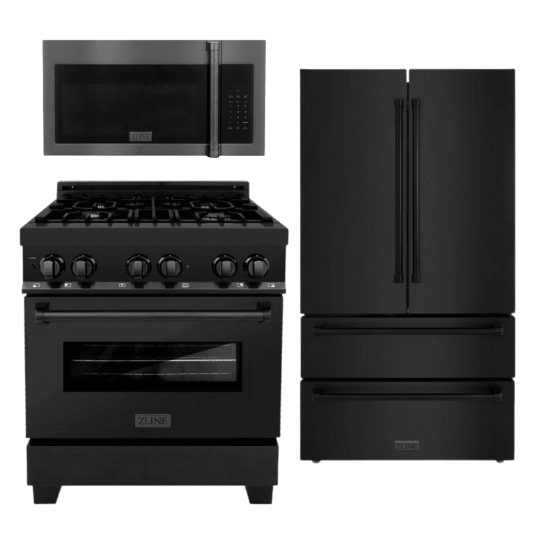 ZLINE Appliance Package - 30 in. Dual Fuel Range, Microwave, Refrigerator in Black Stainless