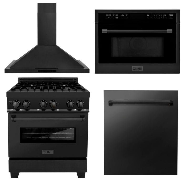 ZLINE Appliance Package - 30 in. Dual Fuel Range, Range Hood, Microwave Oven, and Dishwasher in Black Stainless Steel, 4KP-RABRH30-MODW