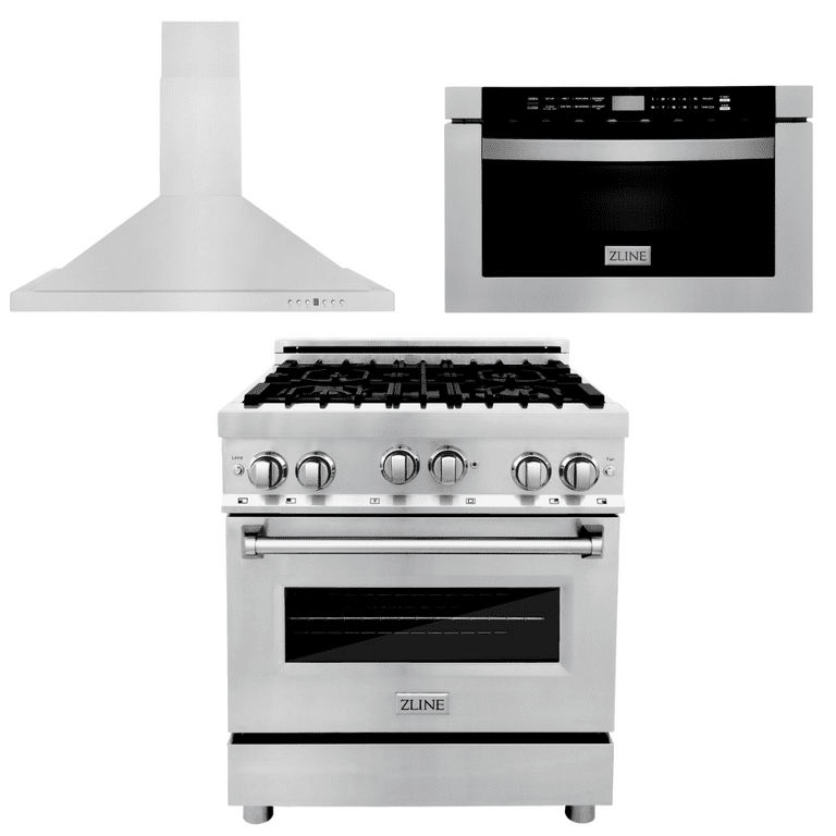 ZLINE Appliance Package - 30 in. Gas Range, Range Hood, Microwave Drawer