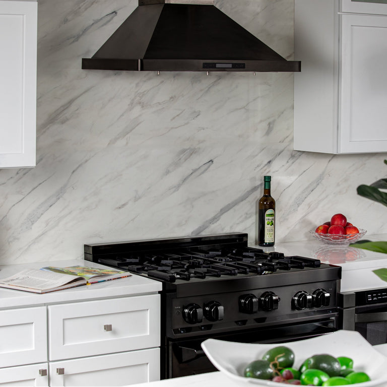 ZLINE Appliance Package - 30 in. Gas Range, Range Hood, Microwave Oven, and Dishwasher in Black Stainless Steel, 4KP-RGBRH30-MODW