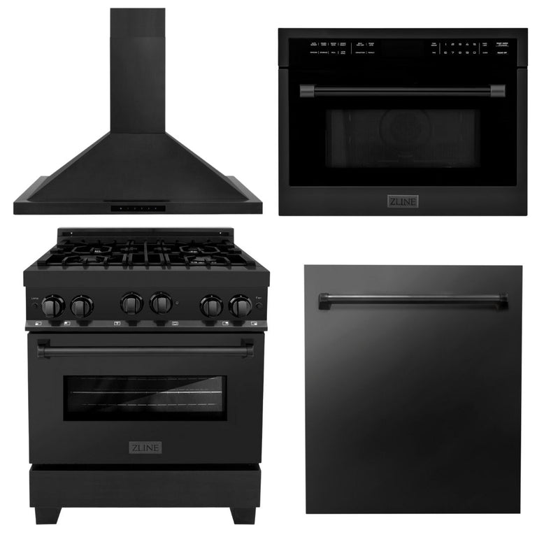 ZLINE Appliance Package - 30 in. Gas Range, Range Hood, Microwave Oven, and Dishwasher in Black Stainless Steel, 4KP-RGBRH30-MODW