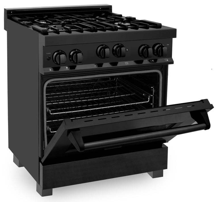 ZLINE Appliance Package - 30 in. Gas Range, Range Hood, Microwave Oven, and Dishwasher in Black Stainless Steel, 4KP-RGBRH30-MODW