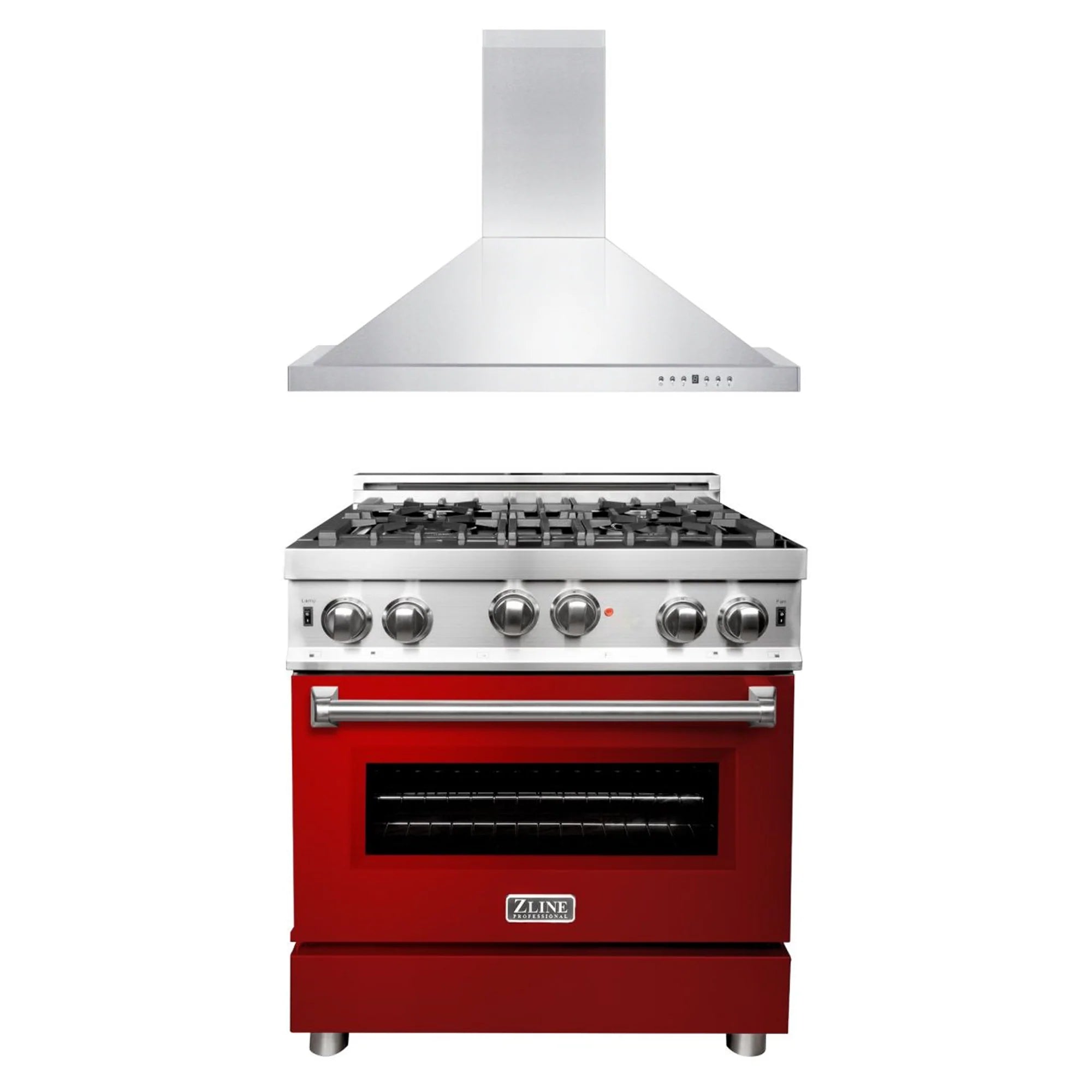 Products ZLINE Appliance Package - 30" Kitchen Package with Stainless Steel Gas Range with Red Gloss Door and Convertible Vent Range Hood