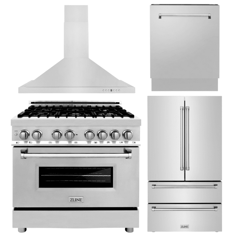 ZLINE Appliance Package - 36 in. Dual Fuel Range, Range Hood, 3 Rack Dishwasher, Refrigerator