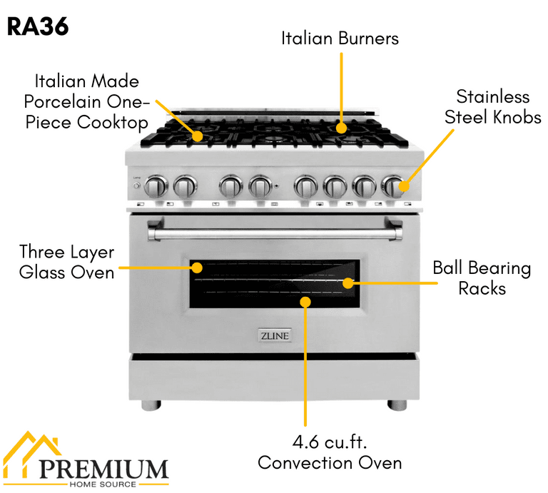 ZLINE Appliance Package - 36 in. Dual Fuel Range, Range Hood, Dishwasher - 3KP-RARH36-DW