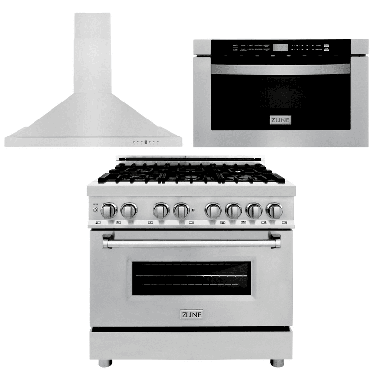 ZLINE Appliance Package - 36 in. Dual Fuel Range, Range Hood, Microwave Drawer