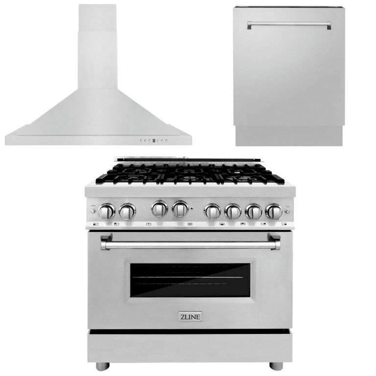 ZLINE Appliance Package - 36 in. Gas Range, Range Hood, 3 Rack Dishwasher