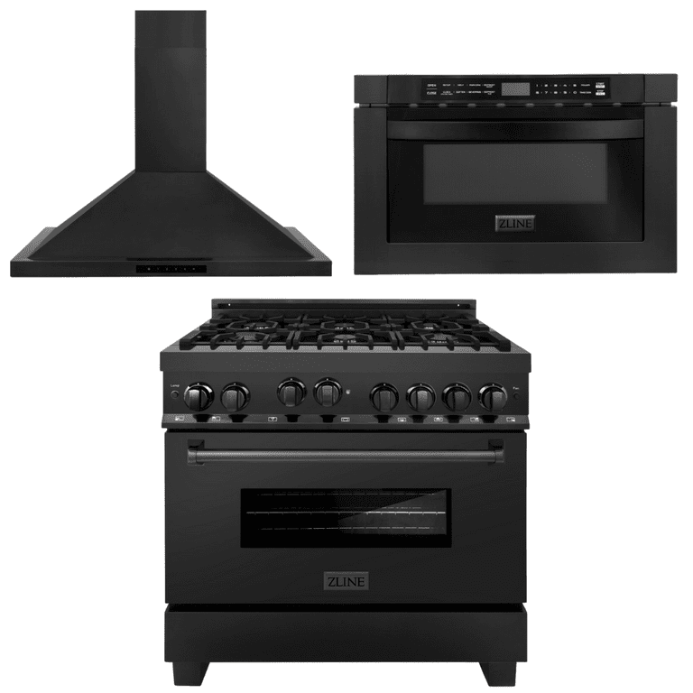 ZLINE Appliance Package - 36 in. Gas Range, Range Hood, Microwave Drawer - Black Stainless Steel, 3KP-RGBRBRH36-MW