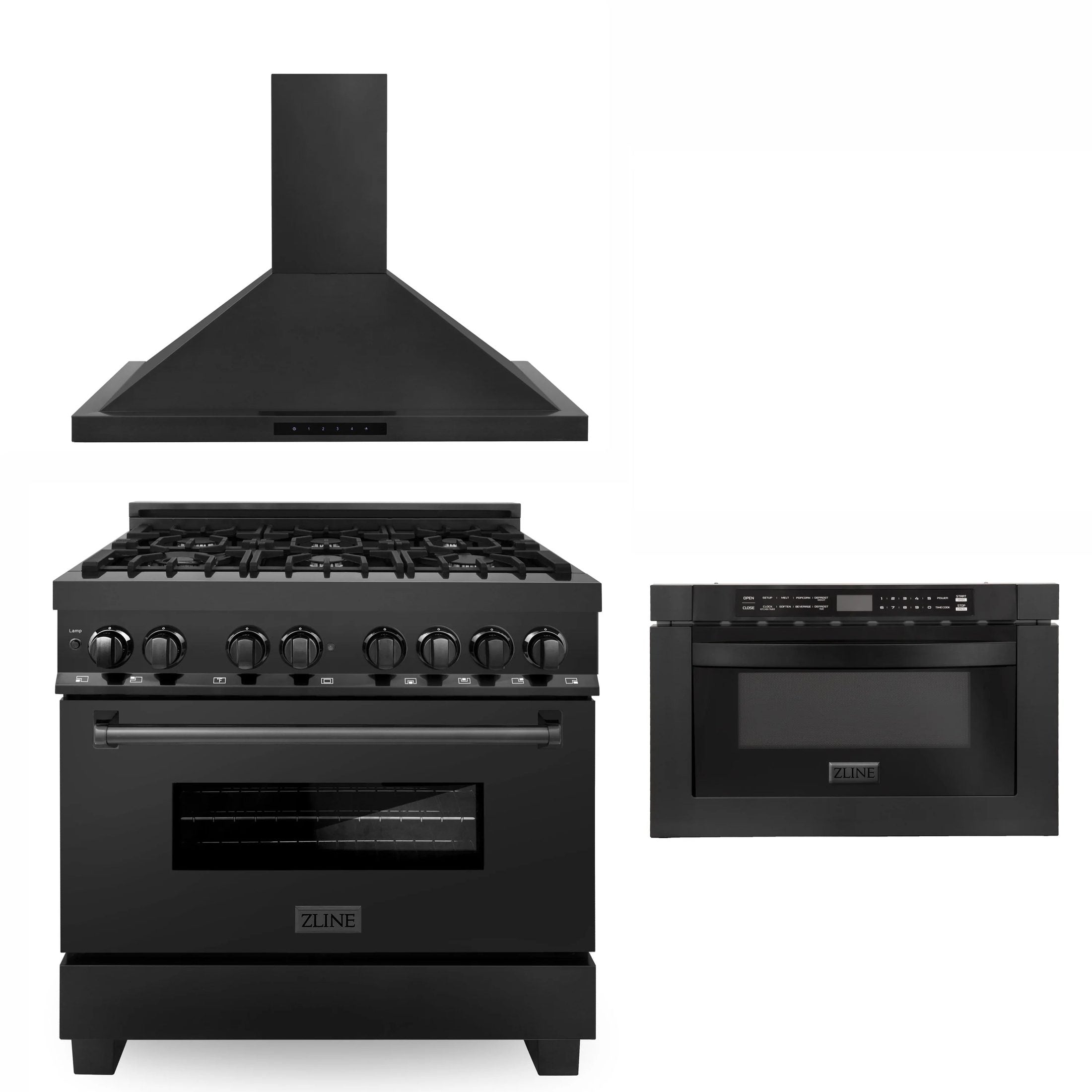 ZLINE Appliance Package - 36" Kitchen Package with Black Stainless Steel Dual Fuel Range, Convertible Vent Range Hood and Microwave Drawer