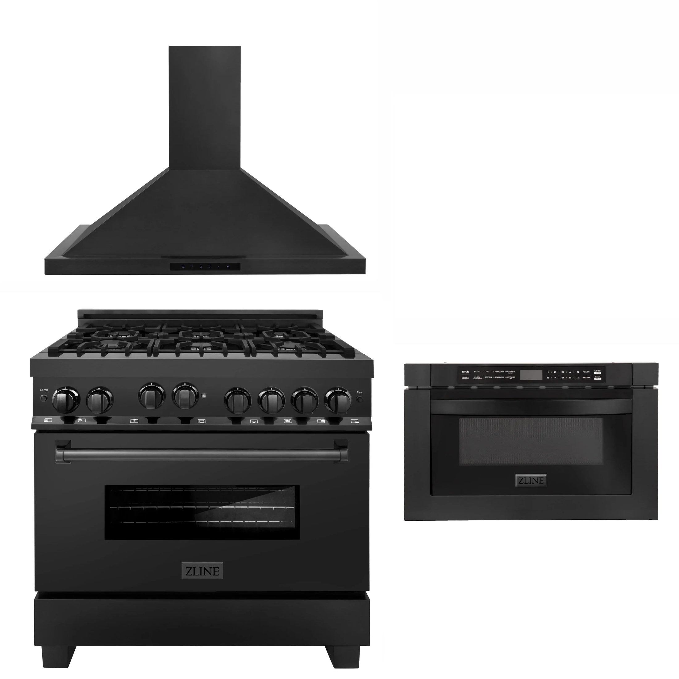 ZLINE Appliance Package - 36" Kitchen Package with Black Stainless Steel Gas Range, Convertible Vent Range Hood and Microwave Drawer