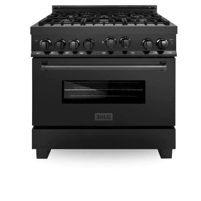 ZLINE Appliance Package - 36" Kitchen Package with Black Stainless Steel Gas Range, Convertible Vent Range Hood and Microwave Drawer - 3KP-RGBRH36-MW
