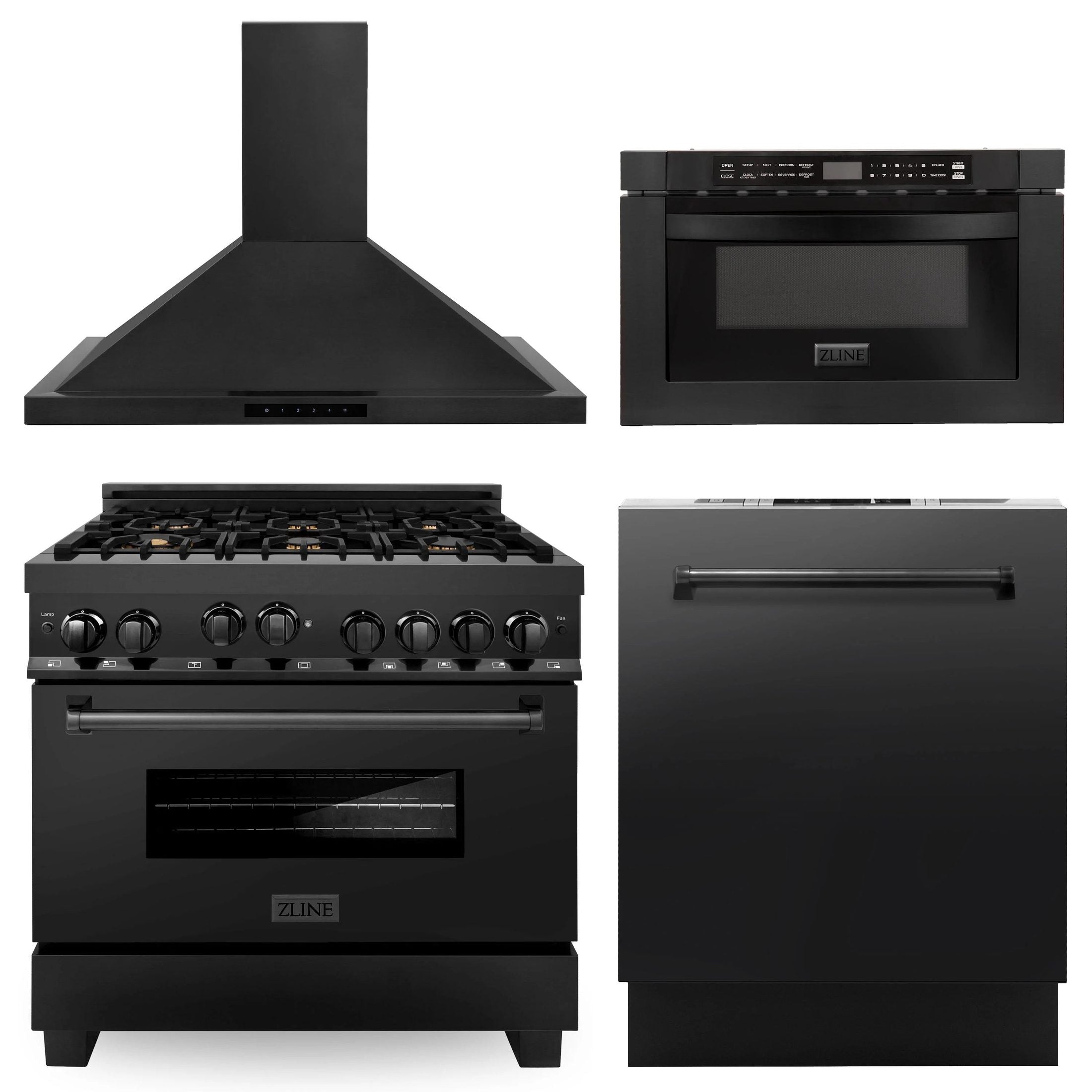 ZLINE Appliance Package - 36" Kitchen Package with Black Stainless Steel Gas Range, Range Hood, Microwave Drawer and Dishwasher