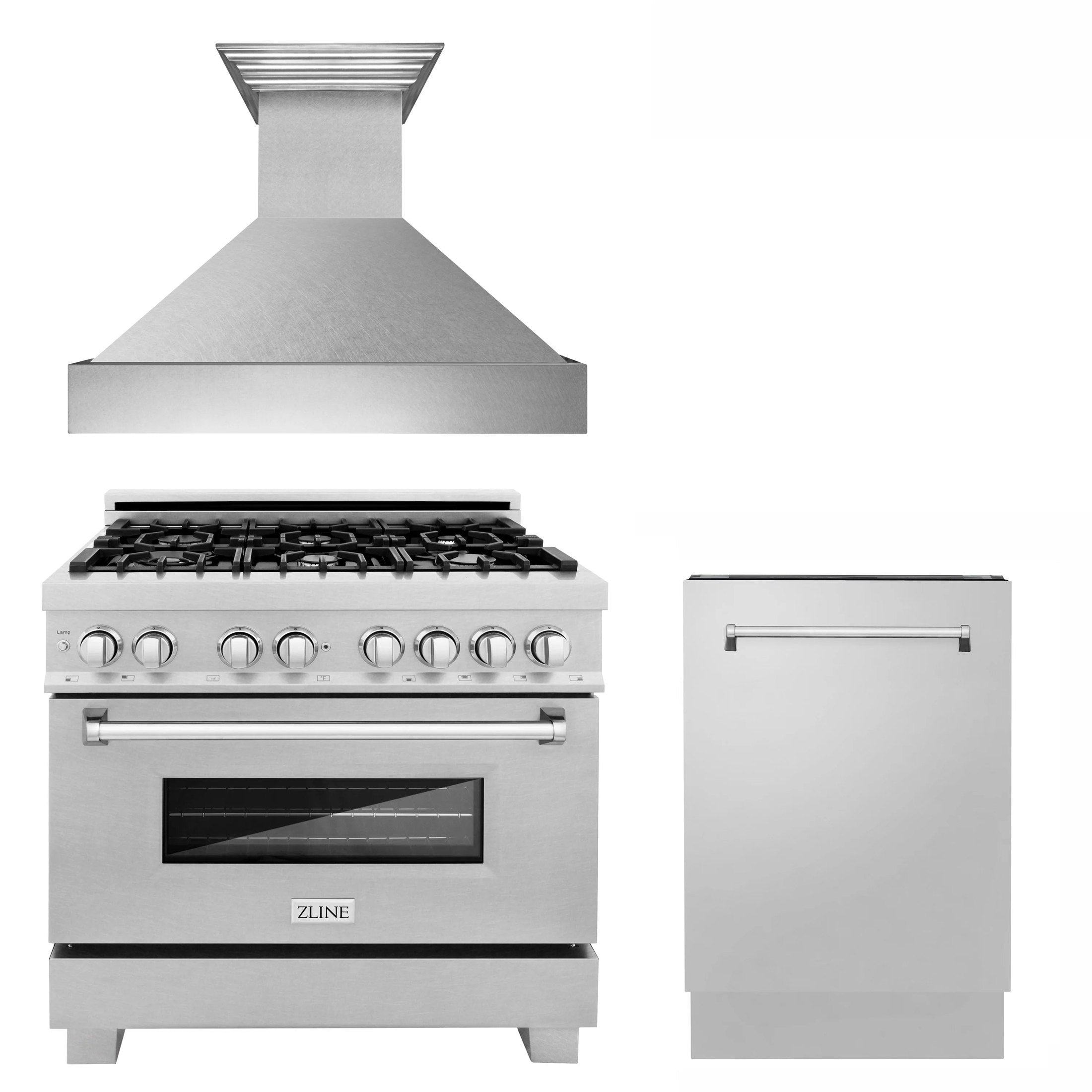 Products ZLINE Appliance Package -36" Kitchen Package with DuraSnow® Stainless Dual Fuel Range, Ducted Vent Range Hood and Tall Tub Dishwasher