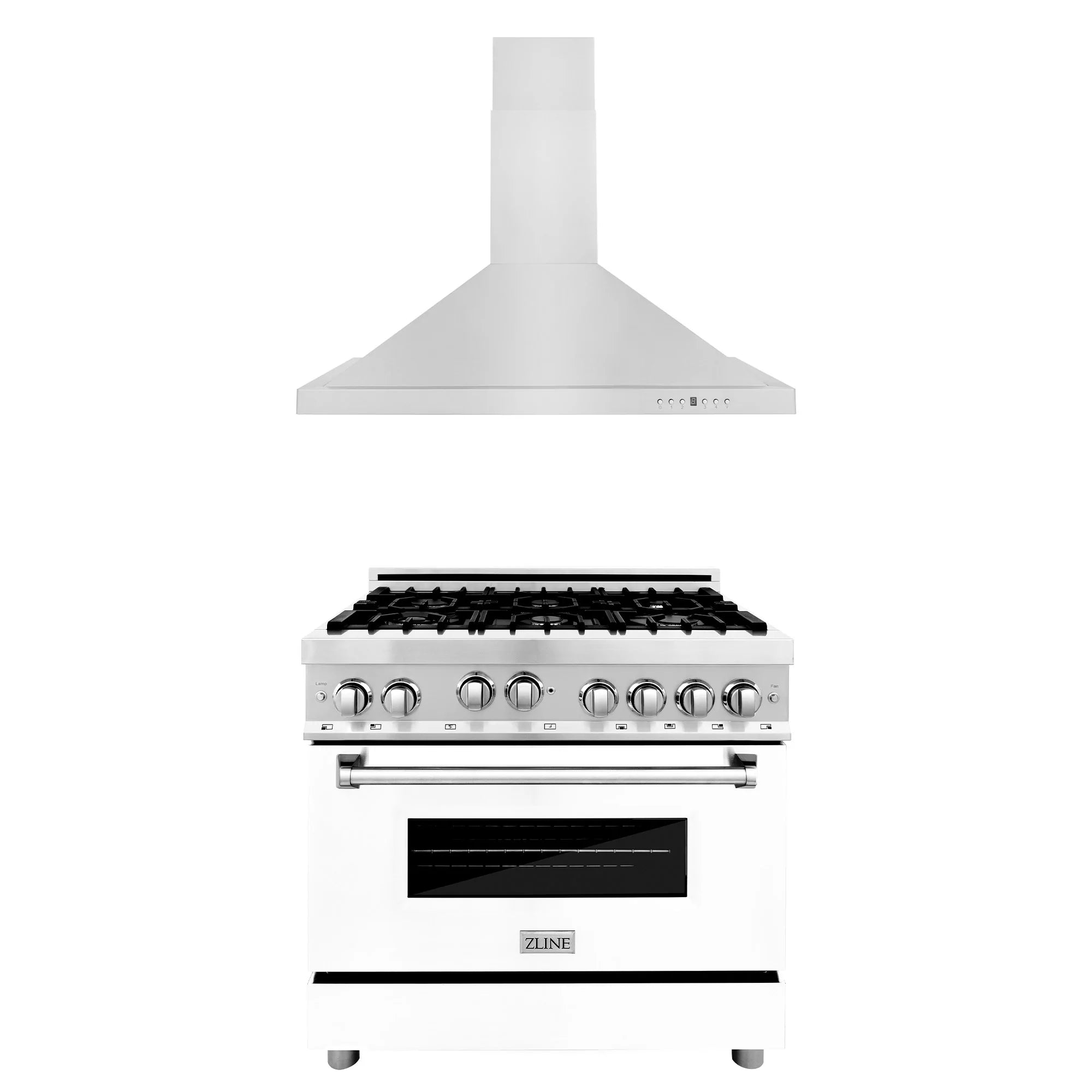 ZLINE Appliance Package - 36" Kitchen Package with Stainless Steel Gas Range with White Matte Door and Convertible Vent Range Hood