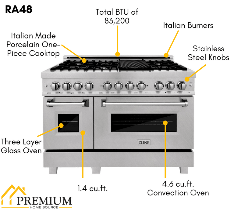 ZLINE Appliance Package - 48 In. Dual Fuel Range, 700CFM Range Hood, Microwave Oven, 3KP-RARHC48-MO