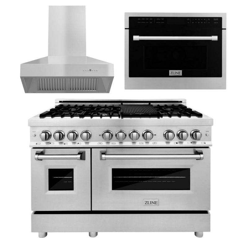 ZLINE Appliance Package - 48 In. Dual Fuel Range, 700CFM Range Hood, Microwave Oven, 3KP-RARHC48-MO