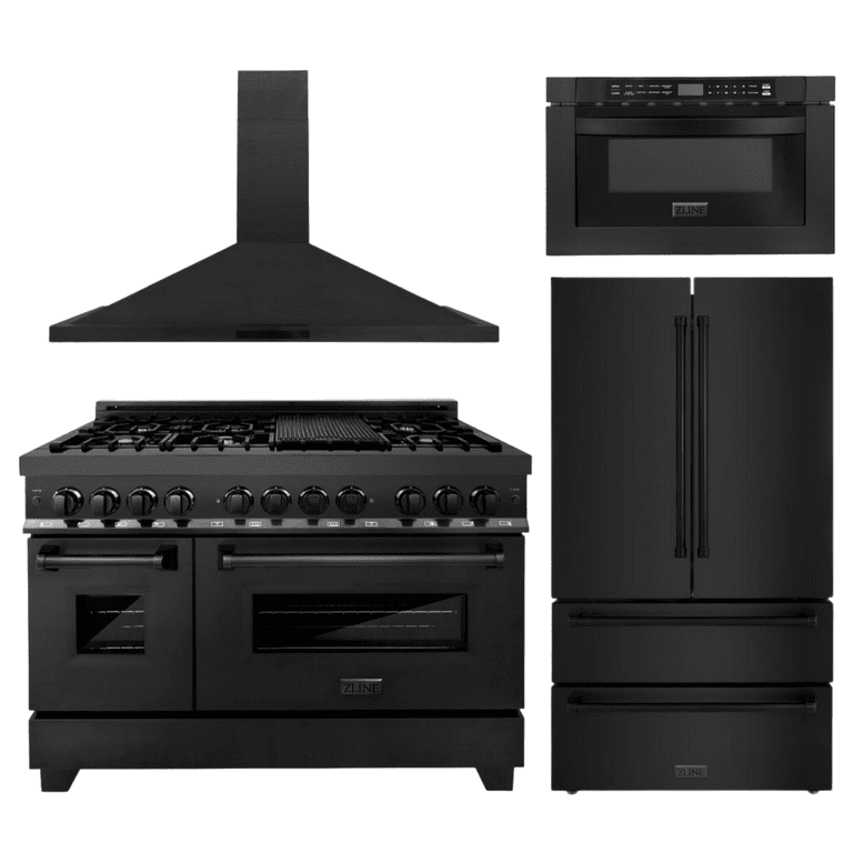 ZLINE Appliance Package - 48 in. Dual Fuel Range, Range Hood, Microwave Drawer, Refrigerator in Black Stainless