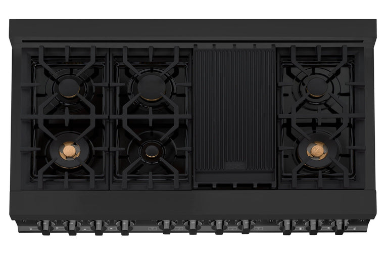 ZLINE Appliance Package - 48 in. Gas Range, Range Hood, Microwave Drawer, Dishwasher in Black, 4KP-RGBRH48-MWDW