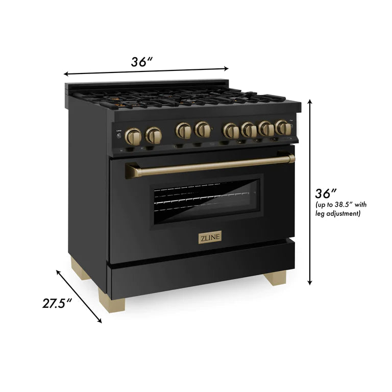 ZLINE Autograph 36 in. Gas Burner/Gas Oven Range in Black Stainless Steel with Champagne Bronze Accents, RGBZ-36-CB