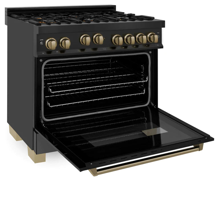ZLINE Autograph 36 in. Gas Burner/Gas Oven Range in Black Stainless Steel with Champagne Bronze Accents, RGBZ-36-CB
