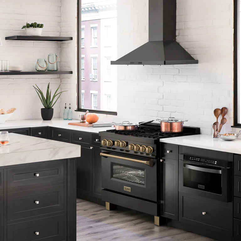 ZLINE Autograph 36 in. Gas Burner/Gas Oven Range in Black Stainless Steel with Champagne Bronze Accents, RGBZ-36-CB