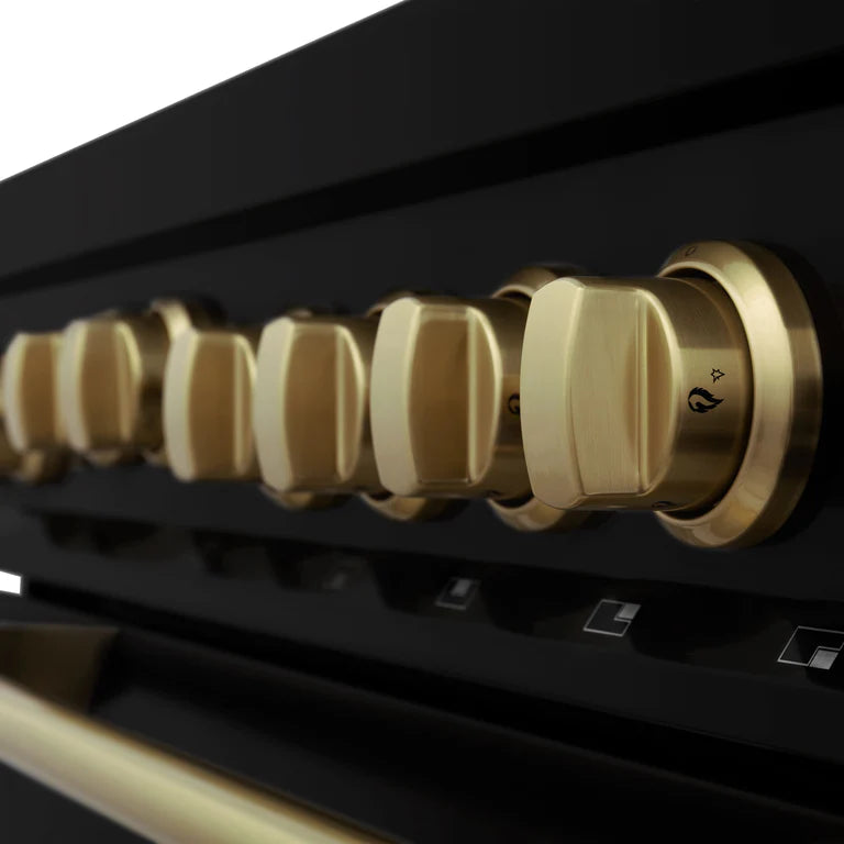 ZLINE Autograph 36 in. Gas Burner/Gas Oven Range in Black Stainless Steel with Champagne Bronze Accents, RGBZ-36-CB